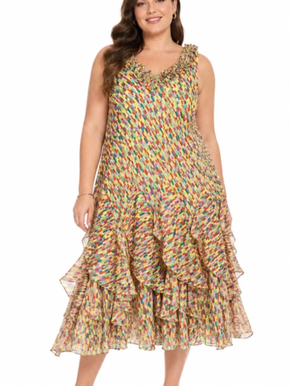 Bethany Midi Dress Ruffle Hem & Neck Church Party Night Out Confetti 2XL